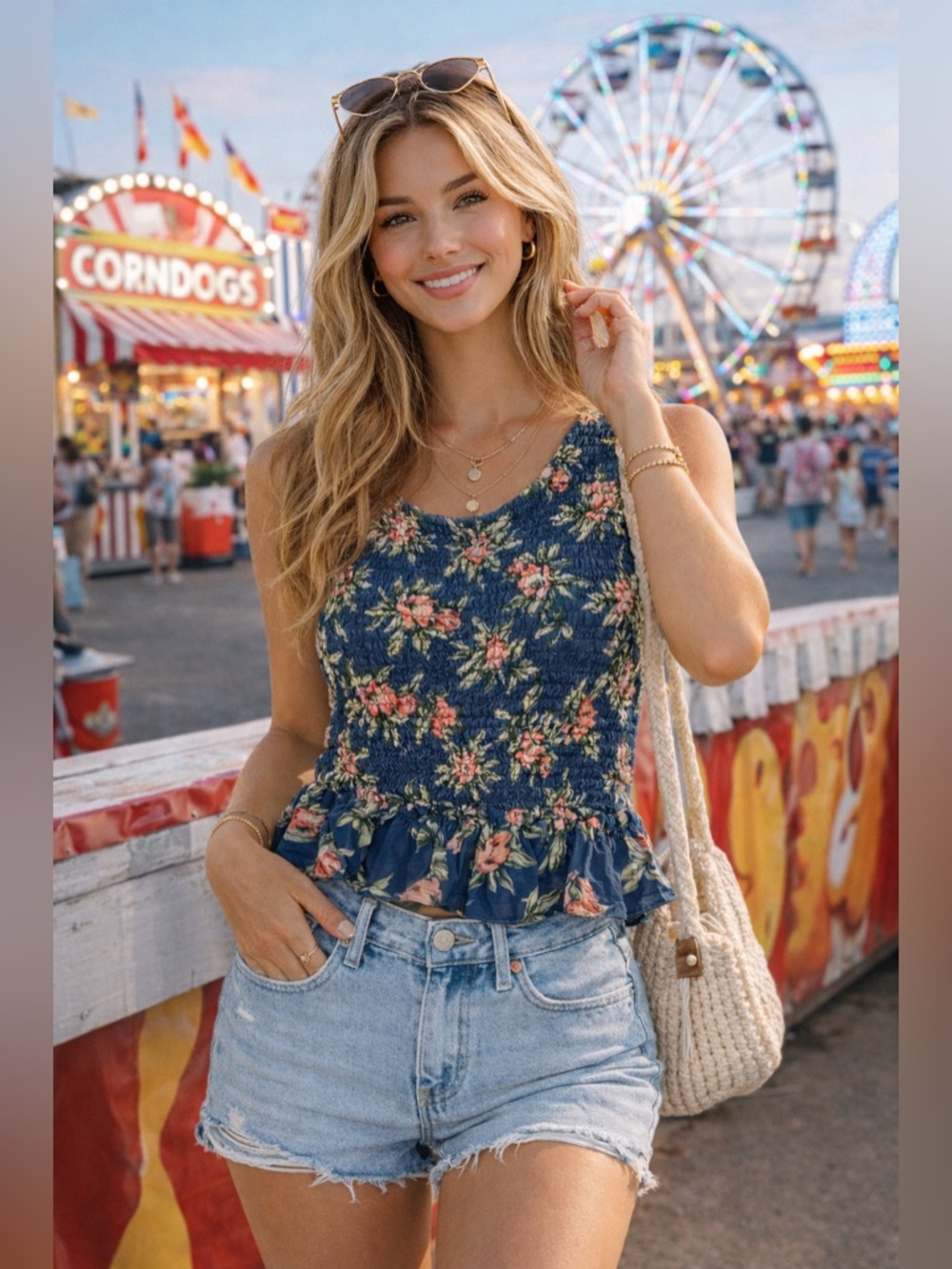 Razzle Dazzle Floral Smocked Peplum Tank Top Small Blue Summer